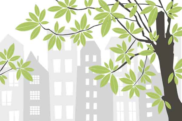 illustration with green tree and city skyline in the background